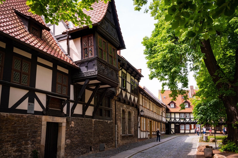 Half-timbered houses on a cobblestone street in Wernigerode, Germany