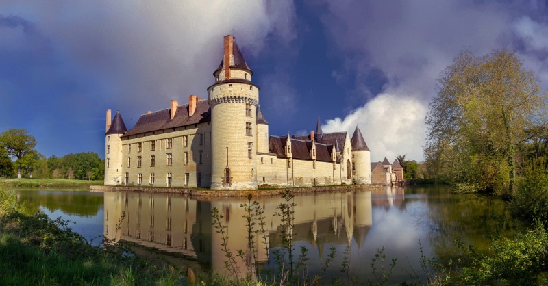 Château du Plessis-Bourré castle reflected in a pond, France