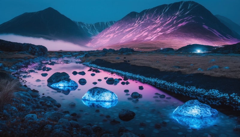 Mountains and river with glowing rocks at dusk