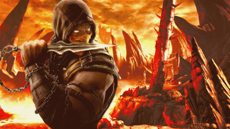 Scorpion from Mortal Kombat in a fiery landscape