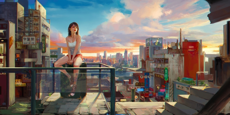 Woman sitting on a rooftop overlooking a city at sunset