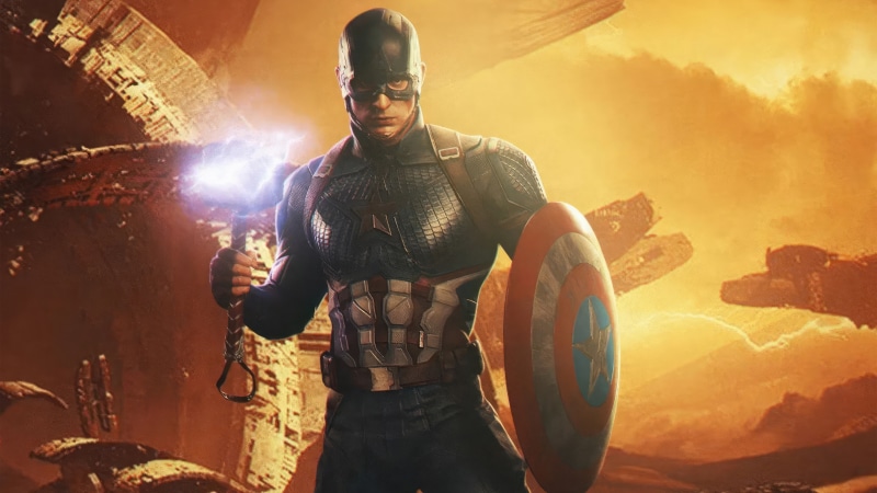Captain America from Marvel Comics holding Mjolnir and shield
