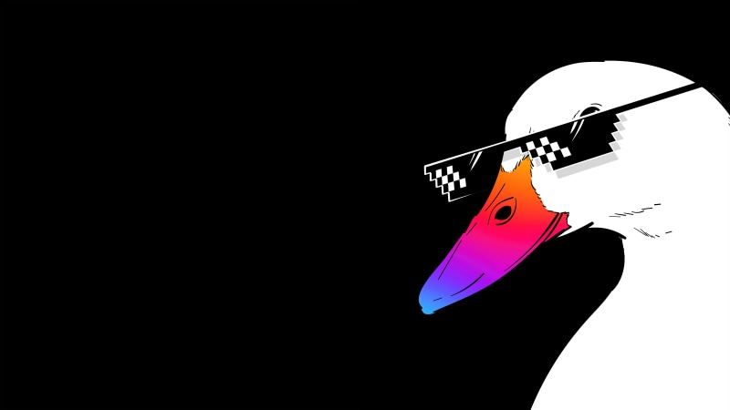 White duck with pixelated sunglasses and rainbow beak