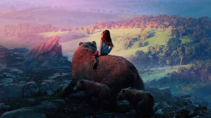 Girl riding a bear with cubs in a fantasy landscape