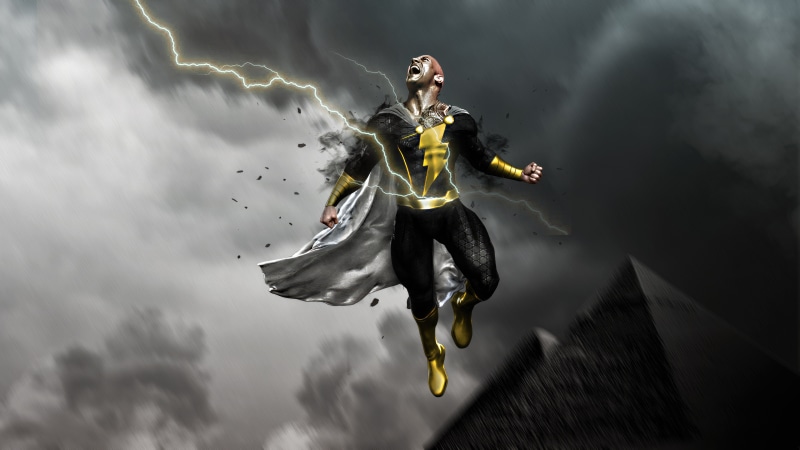 Black Adam flying with lightning