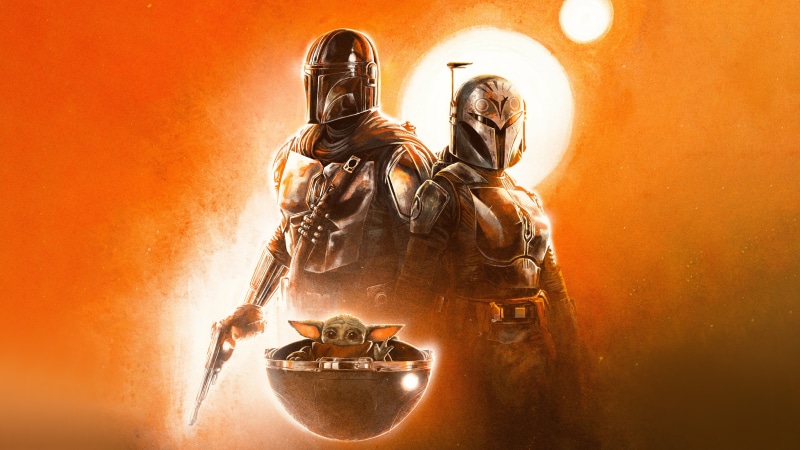 The Mandalorian and Bo-Katan Kryze with Grogu from Star Wars