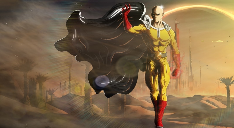 Saitama from One Punch Man in a desert landscape