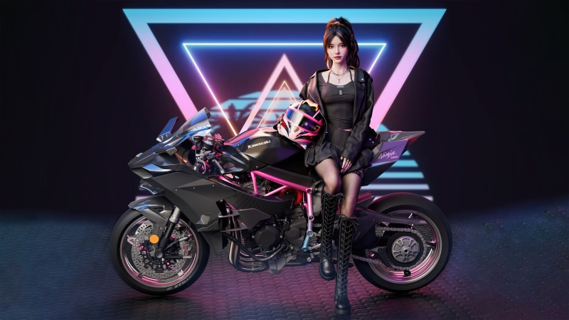 Kawasaki Ninja Motorcycle with Woman and Helmet