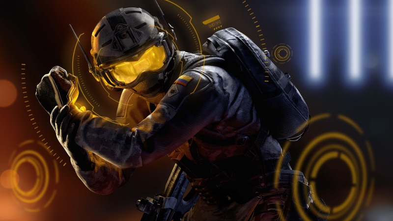Soldier with yellow goggles in Tom Clancy's Rainbow Six Siege