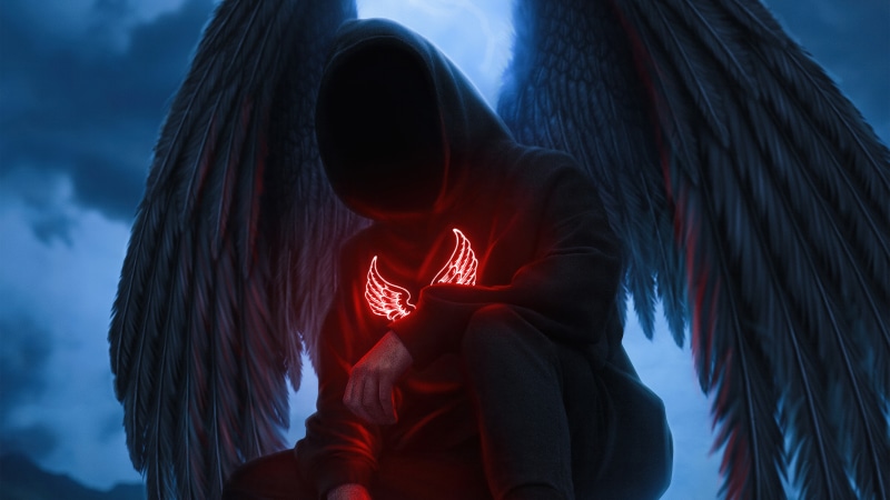 Dark hooded figure with wings and glowing emblem