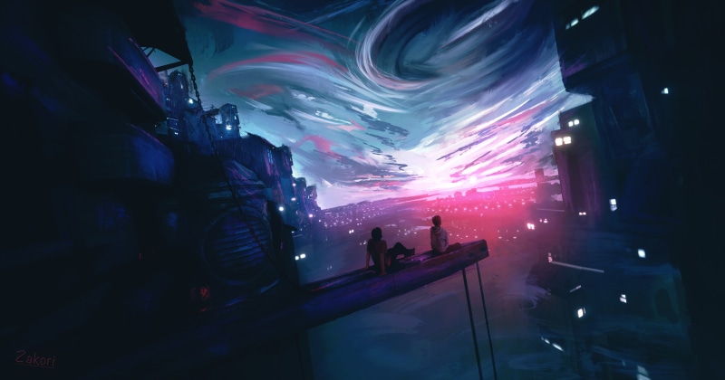 Two people on a platform overlooking a neon city at sunset