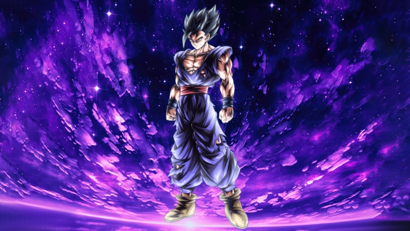 Gohan from Dragon Ball Z in a purple galaxy