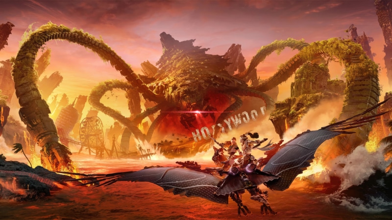 Aloy from Horizon Forbidden West on a flying mount