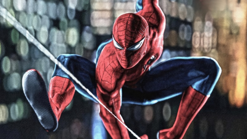 Spider-Man swinging through a city at night