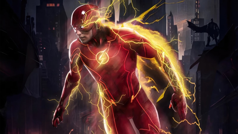 The Flash from DC Comics with Batman in the background