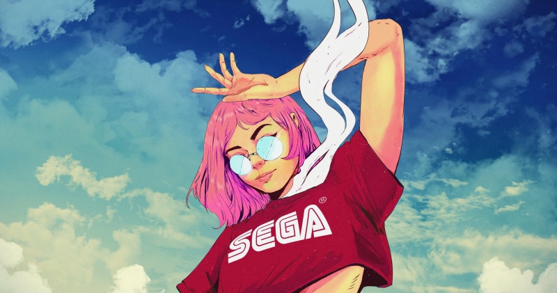 Girl in Sega T-shirt against cloudy sky