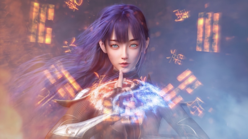 Fantasy artwork of a woman with purple hair casting magic