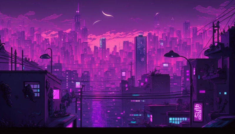 Cyberpunk Cityscape with Pink and Purple Hues