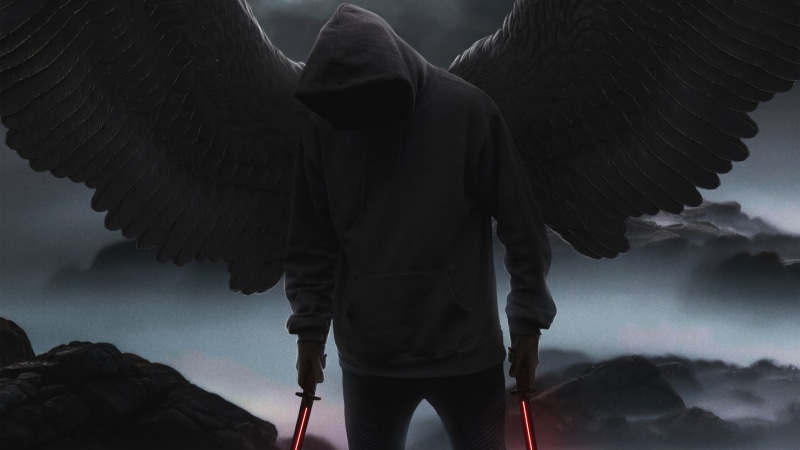 Dark angel with wings and swords in hoodie