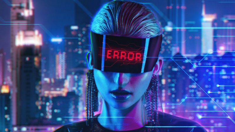 Woman with VR headset displaying ERROR in futuristic city