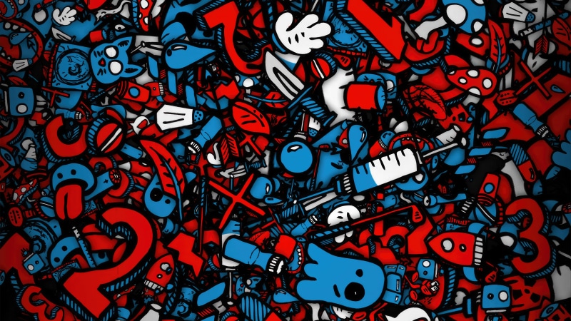 Abstract digital art with red and blue cartoon elements
