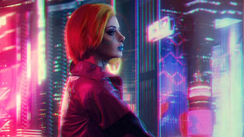 Woman with red hair in a futuristic city