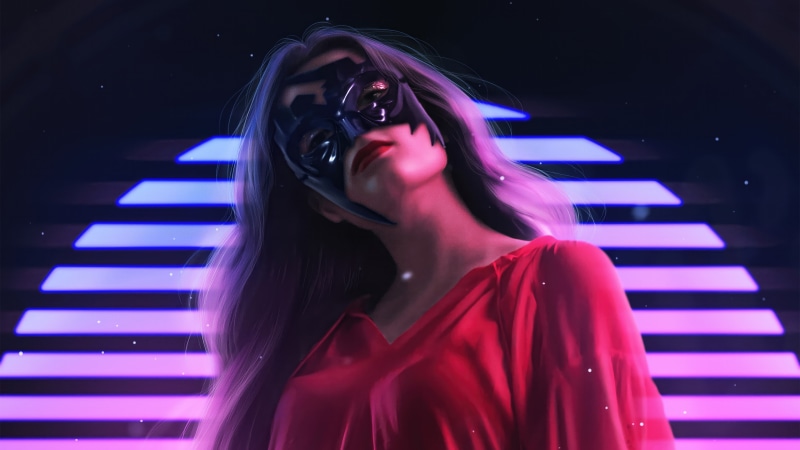 Woman in mask and red dress with neon stairs