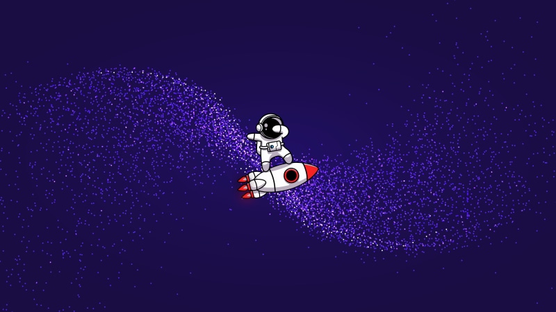 Astronaut riding a rocket through purple stardust