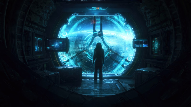 Sci-fi artwork of a person looking at Earth through a portal