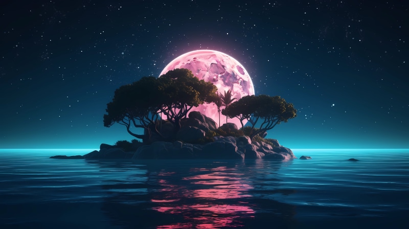 Island with trees under a pink moon
