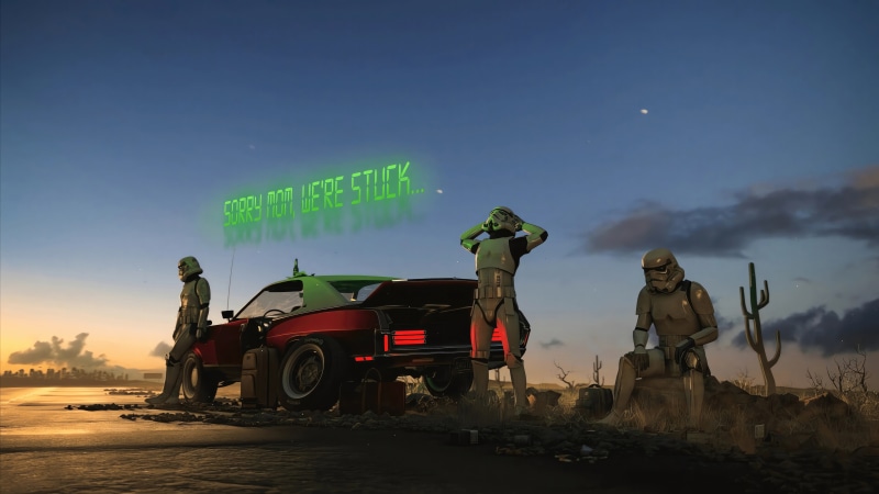 Stormtroopers stranded with a broken car in a desert