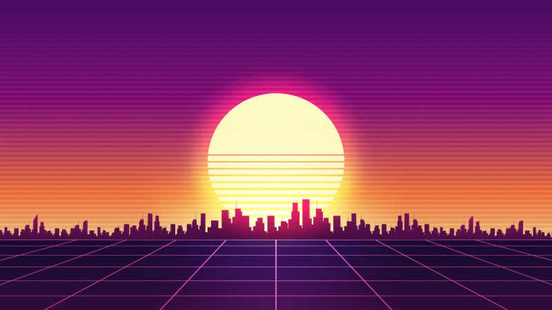 Retrowave cityscape with a large sun and grid floor