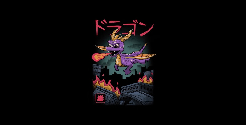 Spyro the Dragon breathing fire on a city