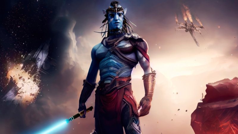 Avatar character with lightsaber and Star Wars ship