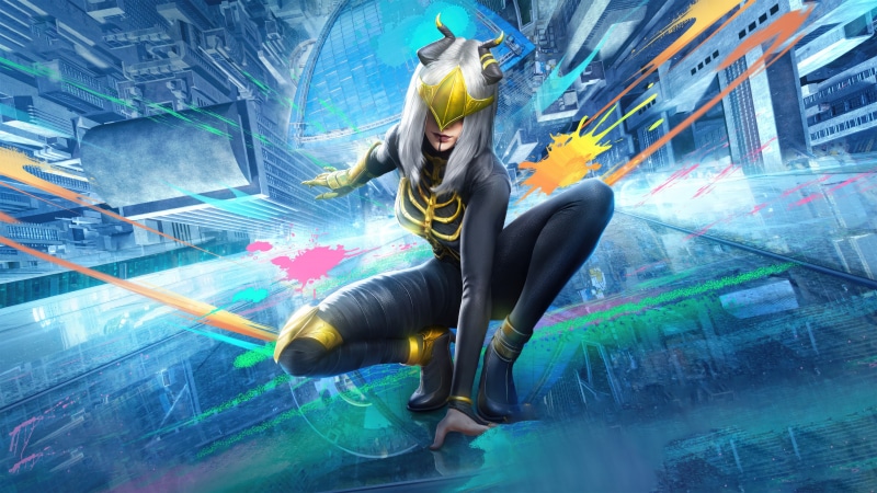 Woman in futuristic suit with horns in a neon city