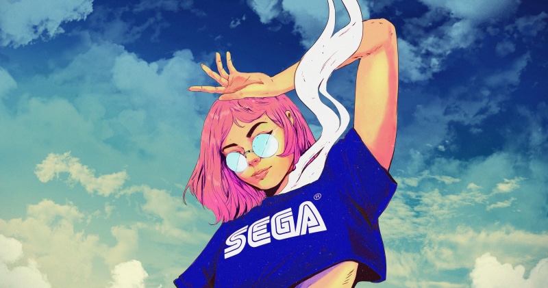 Artwork of a girl wearing a Sega t-shirt against a cloudy sky