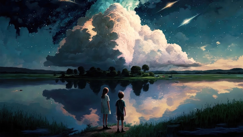 Children watching meteor shower over lake