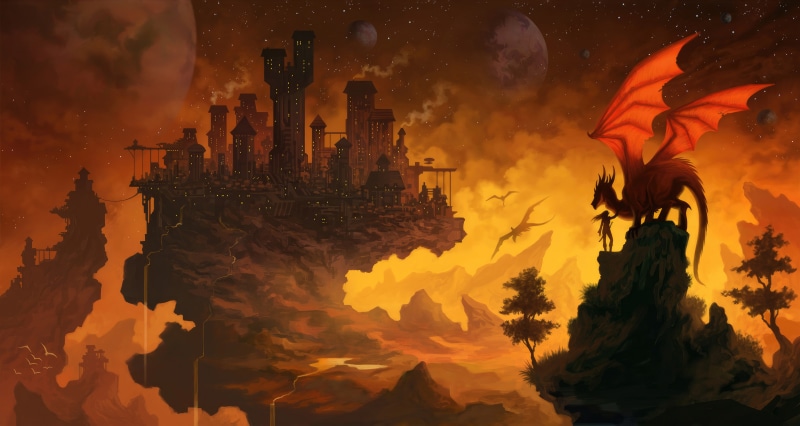 Dragon and person overlooking a floating city