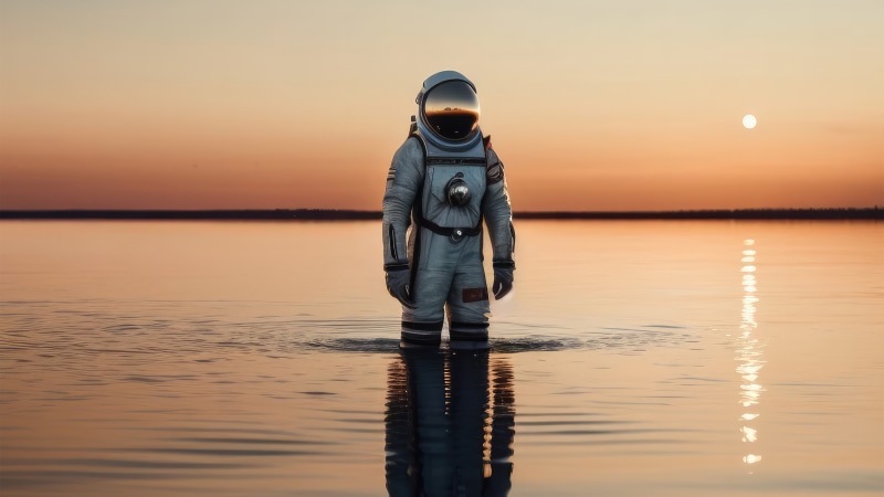 Astronaut standing in water at sunset 4K