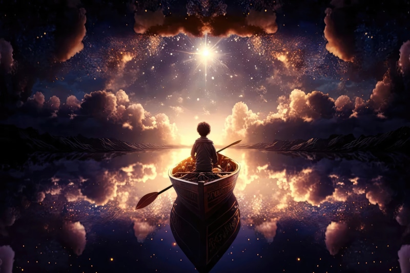Boy in a boat under a starry sky