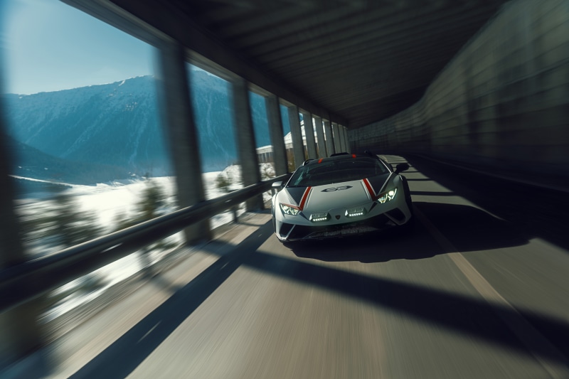 Lamborghini Huracan Sterrato driving through a tunnel