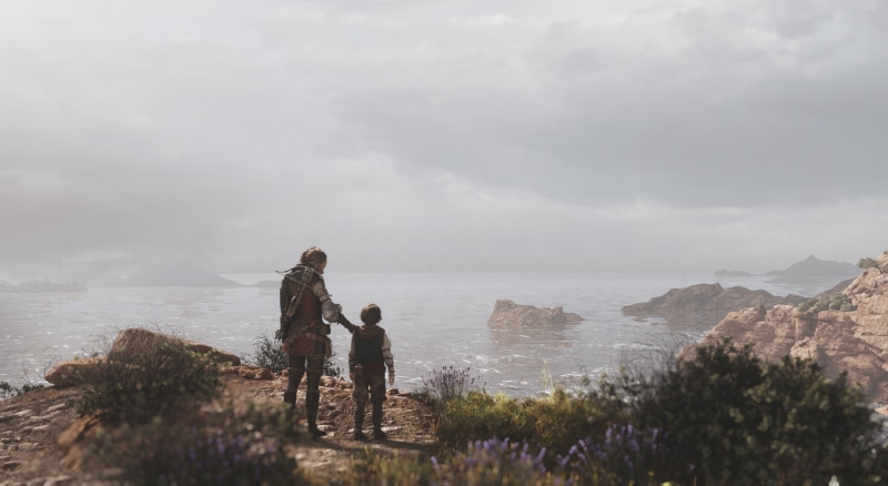 A Plague Tale: Requiem characters on a cliff overlooking the sea