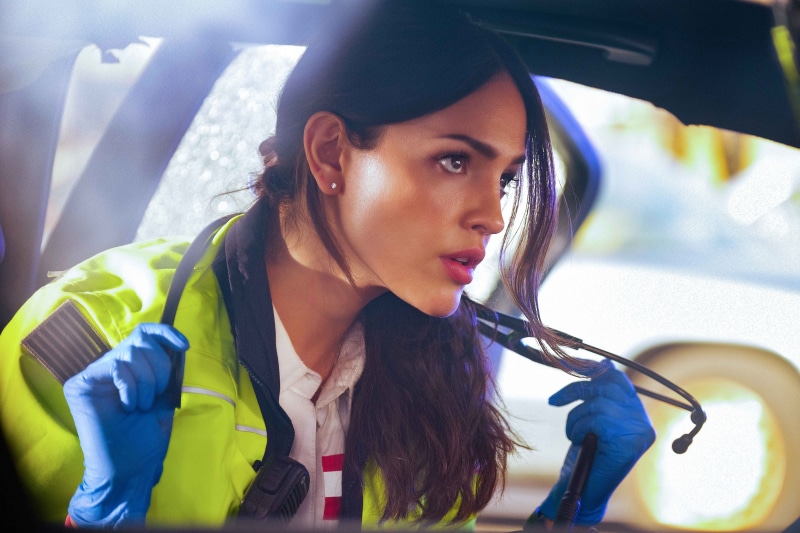 Eiza Gonzalez in a high-visibility jacket