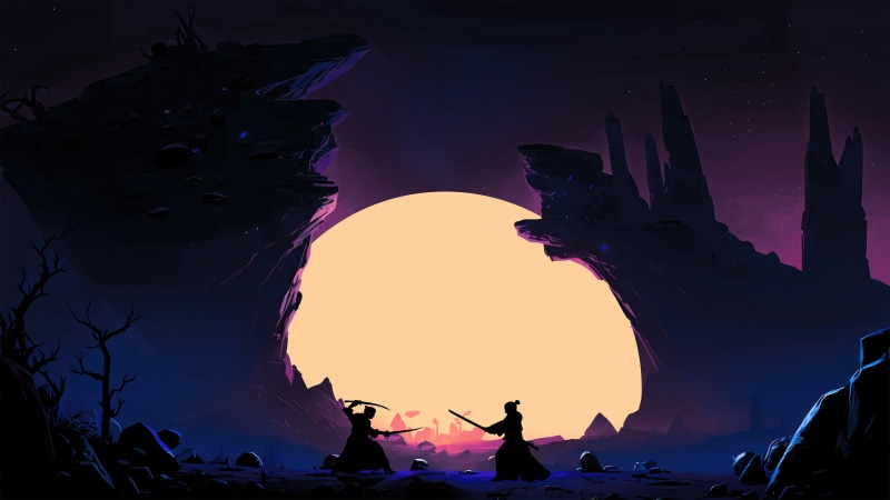 Two samurai fighting in front of a large sun