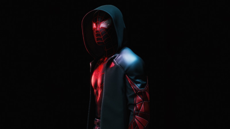Spider-Man Miles Morales in a black hoodie