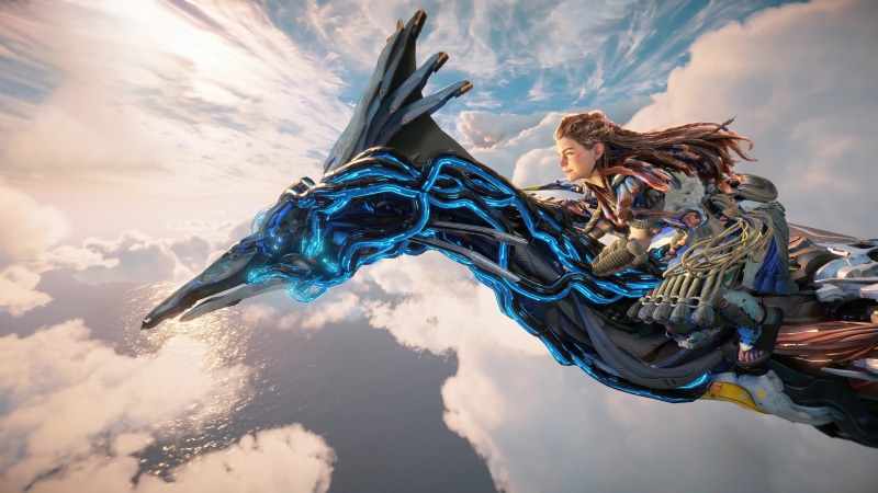 Aloy riding a machine bird in Horizon Forbidden West