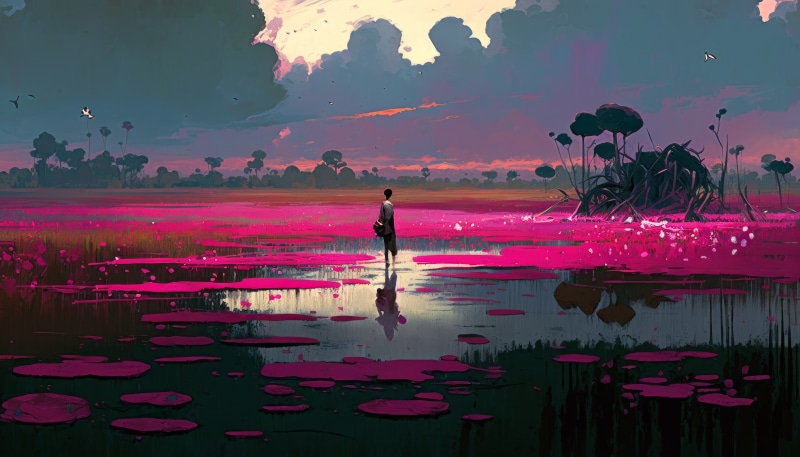 Person standing in a pink marsh at sunset