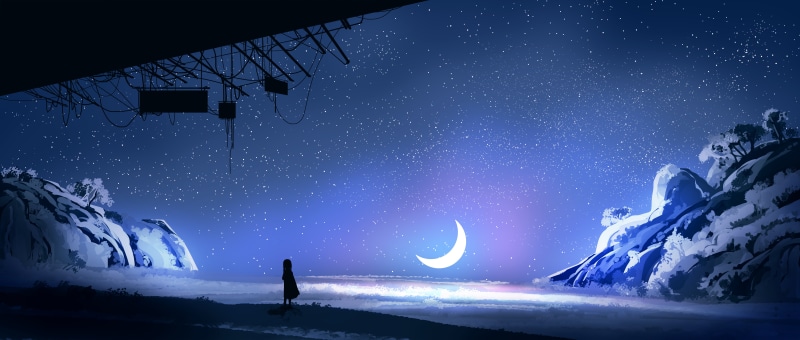 Girl under a starry sky with a crescent moon