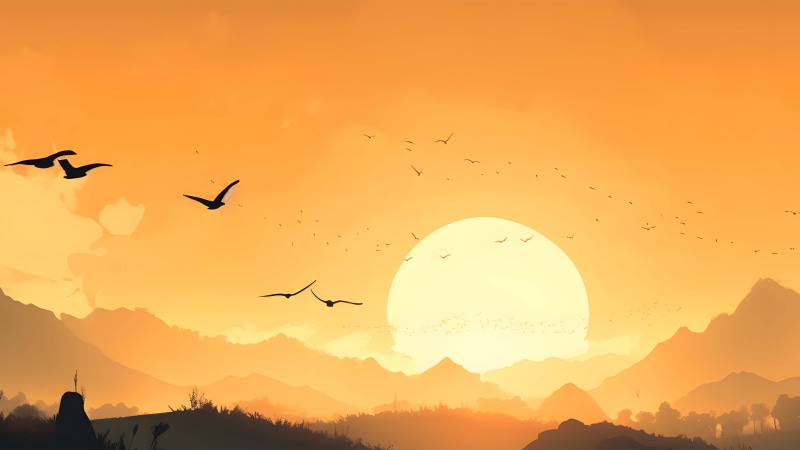 Minimalist sunset with birds flying over mountains