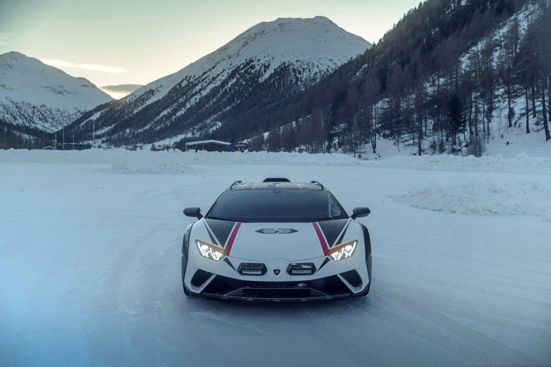 Lamborghini Huracan Sterrato on a snowy mountain road